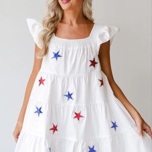 NWOT White Sequin Star Tiered Mini Dress SIZE SMALL